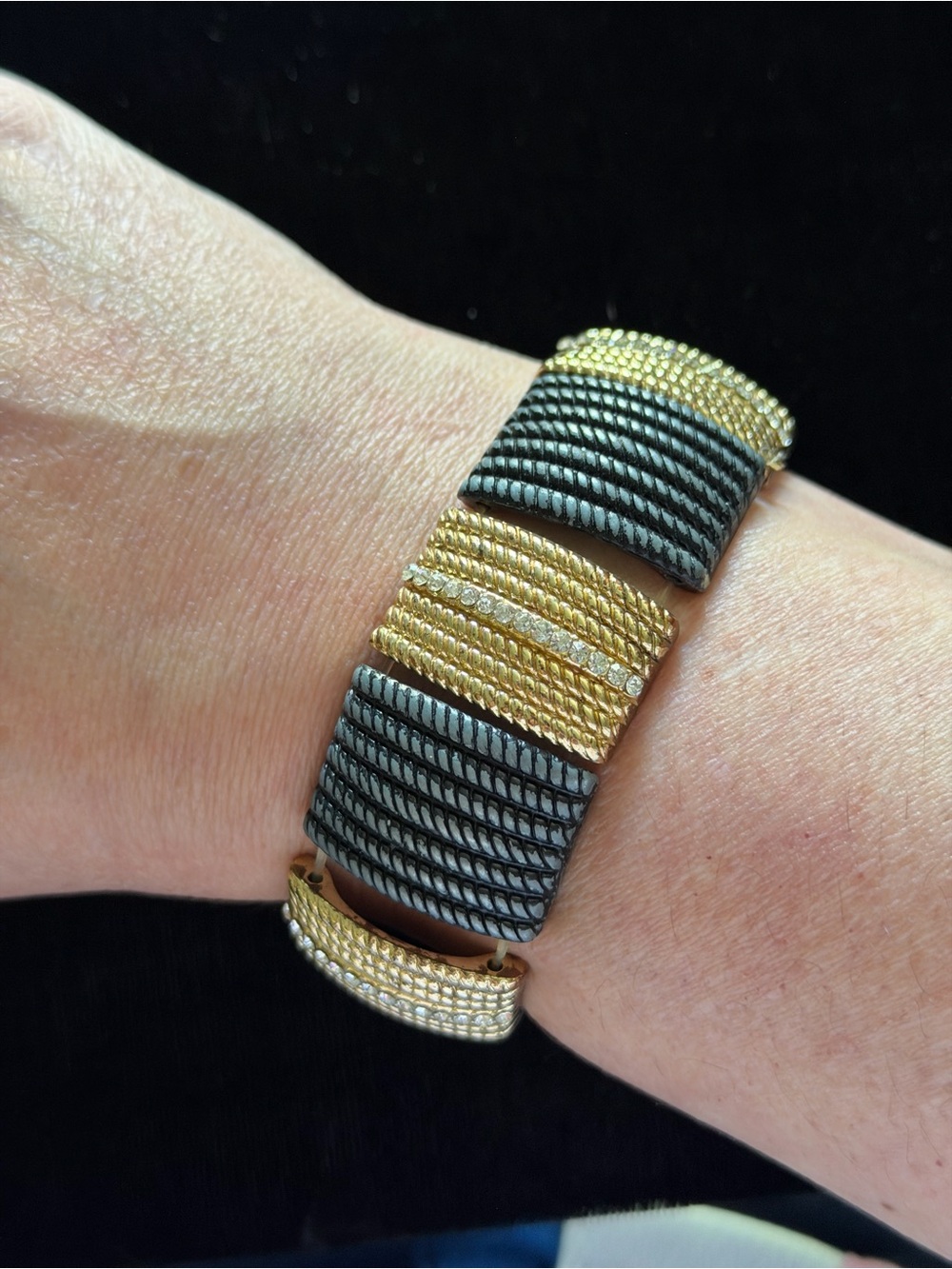 Vintage 80s 90s Gold Black Rhinestone Stretch Bracelet Chunky Statement